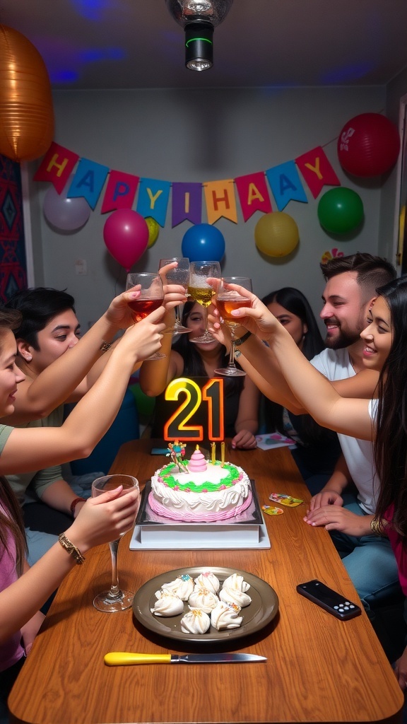 Friends celebrating a 21st birthday with a toast, surrounded by decorations and a birthday cake.